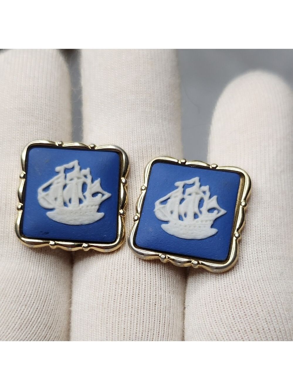 Wedgwood Gold tones cufflinks - Blue Jasper Ware with Ship - English Made